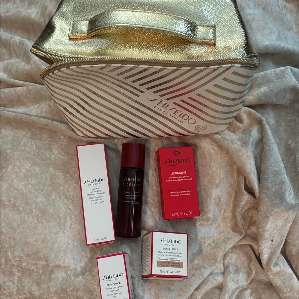 Shiseido Skincare Collection with Gold and Red Accents